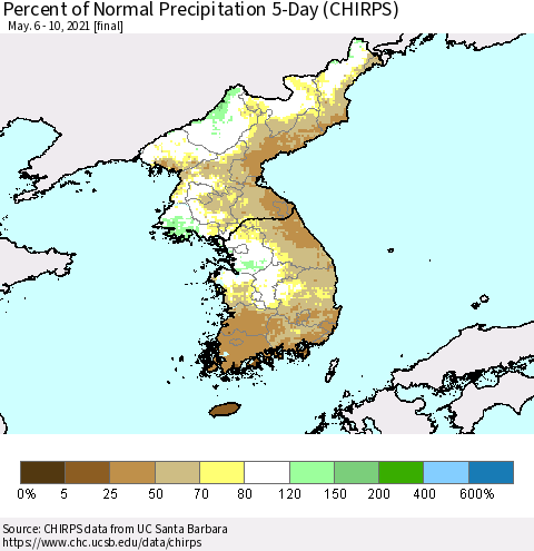 Korea Percent of Normal Precipitation 5-Day (CHIRPS) Thematic Map For 5/6/2021 - 5/10/2021