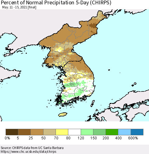 Korea Percent of Normal Precipitation 5-Day (CHIRPS) Thematic Map For 5/11/2021 - 5/15/2021