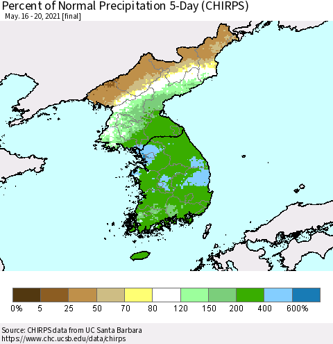 Korea Percent of Normal Precipitation 5-Day (CHIRPS) Thematic Map For 5/16/2021 - 5/20/2021
