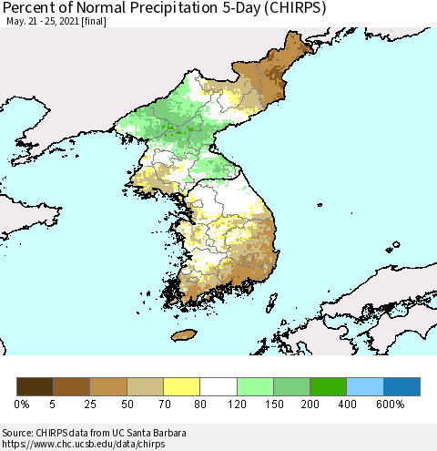 Korea Percent of Normal Precipitation 5-Day (CHIRPS) Thematic Map For 5/21/2021 - 5/25/2021