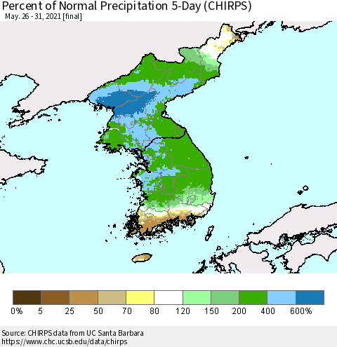 Korea Percent of Normal Precipitation 5-Day (CHIRPS) Thematic Map For 5/26/2021 - 5/31/2021