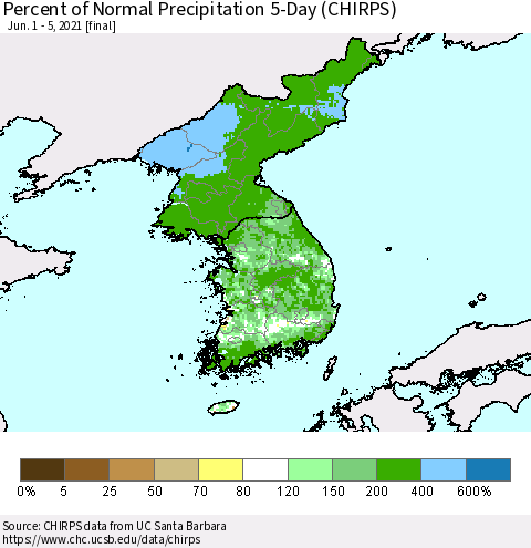 Korea Percent of Normal Precipitation 5-Day (CHIRPS) Thematic Map For 6/1/2021 - 6/5/2021