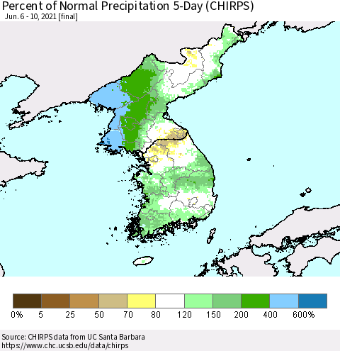 Korea Percent of Normal Precipitation 5-Day (CHIRPS) Thematic Map For 6/6/2021 - 6/10/2021