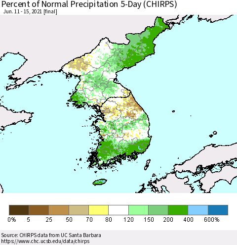 Korea Percent of Normal Precipitation 5-Day (CHIRPS) Thematic Map For 6/11/2021 - 6/15/2021