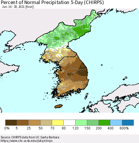 Korea Percent of Normal Precipitation 5-Day (CHIRPS) Thematic Map For 6/16/2021 - 6/20/2021