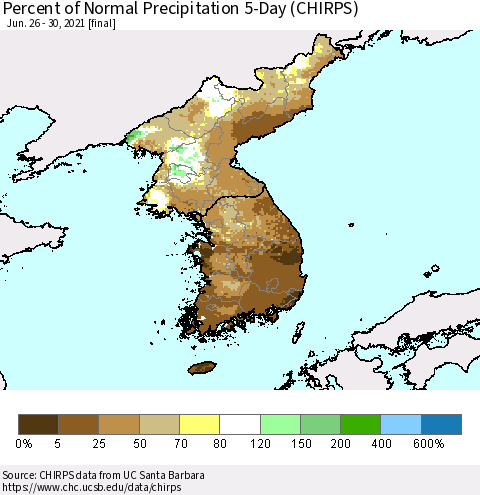 Korea Percent of Normal Precipitation 5-Day (CHIRPS) Thematic Map For 6/26/2021 - 6/30/2021