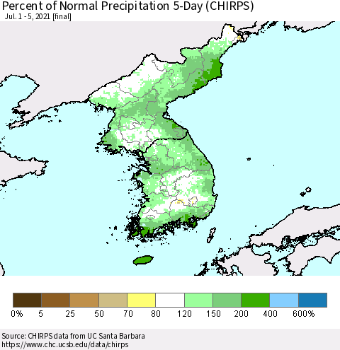 Korea Percent of Normal Precipitation 5-Day (CHIRPS) Thematic Map For 7/1/2021 - 7/5/2021