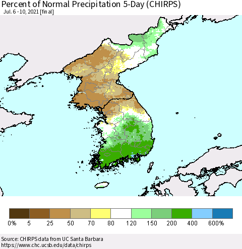 Korea Percent of Normal Precipitation 5-Day (CHIRPS) Thematic Map For 7/6/2021 - 7/10/2021