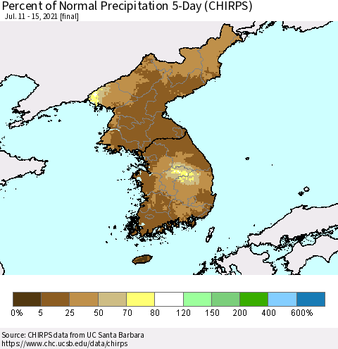 Korea Percent of Normal Precipitation 5-Day (CHIRPS) Thematic Map For 7/11/2021 - 7/15/2021