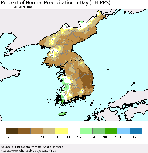Korea Percent of Normal Precipitation 5-Day (CHIRPS) Thematic Map For 7/16/2021 - 7/20/2021