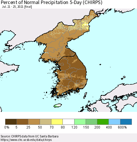 Korea Percent of Normal Precipitation 5-Day (CHIRPS) Thematic Map For 7/21/2021 - 7/25/2021