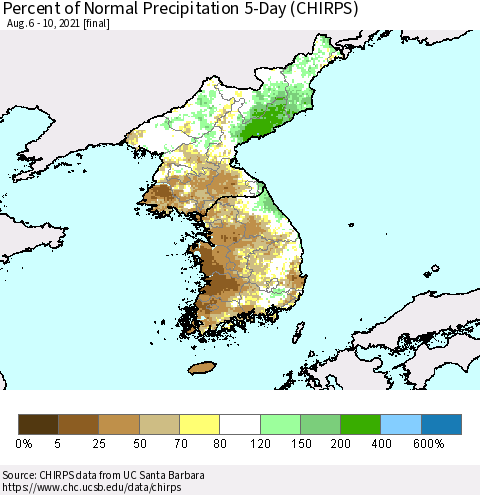 Korea Percent of Normal Precipitation 5-Day (CHIRPS) Thematic Map For 8/6/2021 - 8/10/2021