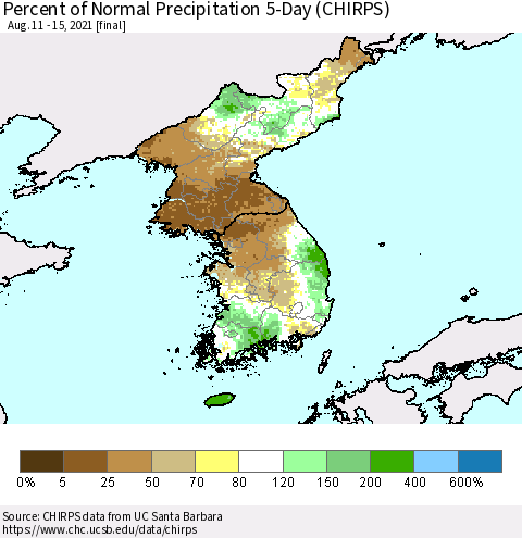 Korea Percent of Normal Precipitation 5-Day (CHIRPS) Thematic Map For 8/11/2021 - 8/15/2021
