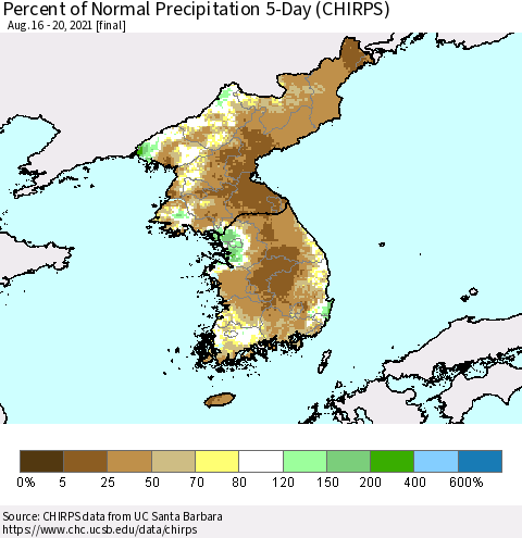 Korea Percent of Normal Precipitation 5-Day (CHIRPS) Thematic Map For 8/16/2021 - 8/20/2021