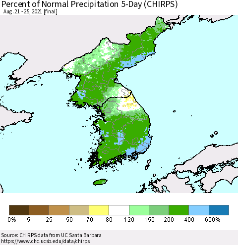 Korea Percent of Normal Precipitation 5-Day (CHIRPS) Thematic Map For 8/21/2021 - 8/25/2021