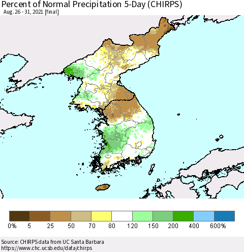 Korea Percent of Normal Precipitation 5-Day (CHIRPS) Thematic Map For 8/26/2021 - 8/31/2021