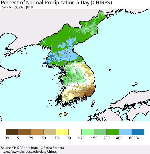 Korea Percent of Normal Precipitation 5-Day (CHIRPS) Thematic Map For 9/6/2021 - 9/10/2021