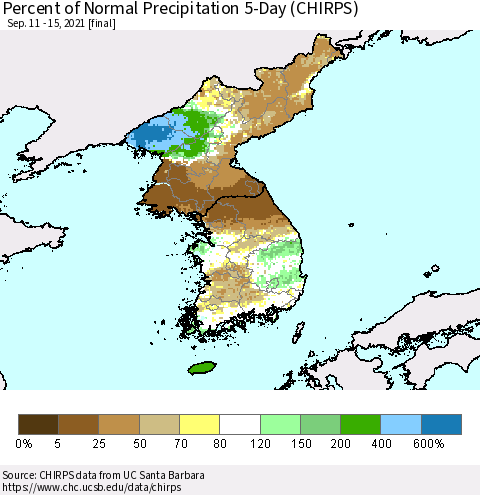 Korea Percent of Normal Precipitation 5-Day (CHIRPS) Thematic Map For 9/11/2021 - 9/15/2021