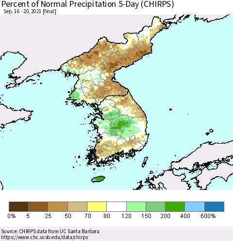 Korea Percent of Normal Precipitation 5-Day (CHIRPS) Thematic Map For 9/16/2021 - 9/20/2021