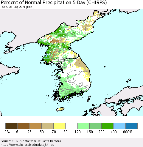 Korea Percent of Normal Precipitation 5-Day (CHIRPS) Thematic Map For 9/26/2021 - 9/30/2021