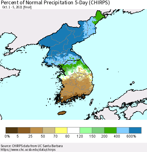 Korea Percent of Normal Precipitation 5-Day (CHIRPS) Thematic Map For 10/1/2021 - 10/5/2021