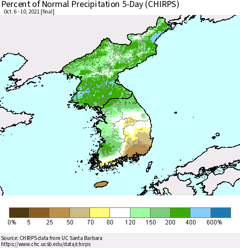 Korea Percent of Normal Precipitation 5-Day (CHIRPS) Thematic Map For 10/6/2021 - 10/10/2021