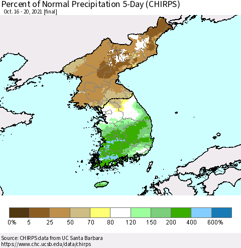 Korea Percent of Normal Precipitation 5-Day (CHIRPS) Thematic Map For 10/16/2021 - 10/20/2021