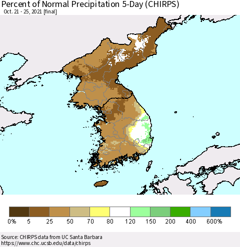 Korea Percent of Normal Precipitation 5-Day (CHIRPS) Thematic Map For 10/21/2021 - 10/25/2021