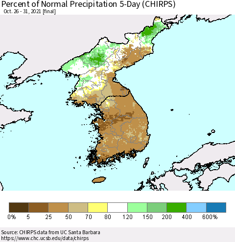 Korea Percent of Normal Precipitation 5-Day (CHIRPS) Thematic Map For 10/26/2021 - 10/31/2021