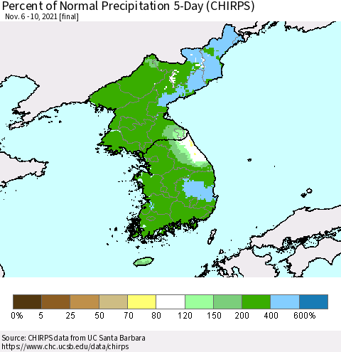Korea Percent of Normal Precipitation 5-Day (CHIRPS) Thematic Map For 11/6/2021 - 11/10/2021