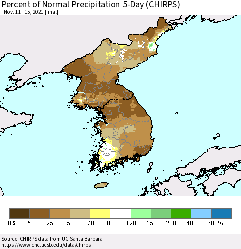 Korea Percent of Normal Precipitation 5-Day (CHIRPS) Thematic Map For 11/11/2021 - 11/15/2021