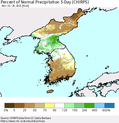 Korea Percent of Normal Precipitation 5-Day (CHIRPS) Thematic Map For 11/16/2021 - 11/20/2021
