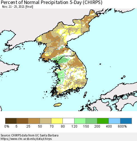 Korea Percent of Normal Precipitation 5-Day (CHIRPS) Thematic Map For 11/21/2021 - 11/25/2021