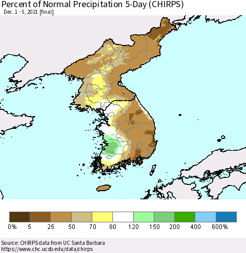 Korea Percent of Normal Precipitation 5-Day (CHIRPS) Thematic Map For 12/1/2021 - 12/5/2021