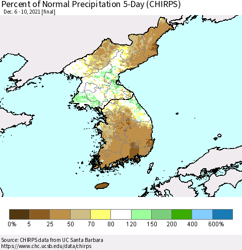 Korea Percent of Normal Precipitation 5-Day (CHIRPS) Thematic Map For 12/6/2021 - 12/10/2021