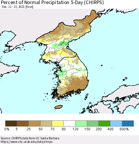 Korea Percent of Normal Precipitation 5-Day (CHIRPS) Thematic Map For 12/11/2021 - 12/15/2021