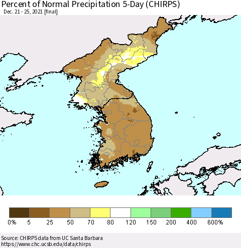 Korea Percent of Normal Precipitation 5-Day (CHIRPS) Thematic Map For 12/21/2021 - 12/25/2021