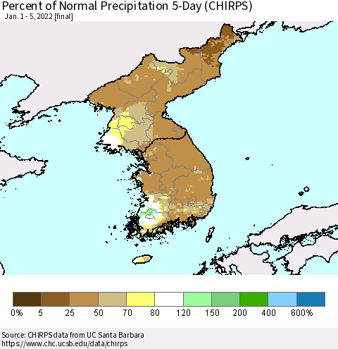 Korea Percent of Normal Precipitation 5-Day (CHIRPS) Thematic Map For 1/1/2022 - 1/5/2022