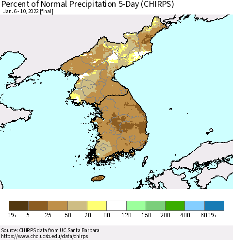 Korea Percent of Normal Precipitation 5-Day (CHIRPS) Thematic Map For 1/6/2022 - 1/10/2022