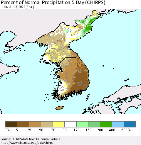 Korea Percent of Normal Precipitation 5-Day (CHIRPS) Thematic Map For 1/11/2022 - 1/15/2022