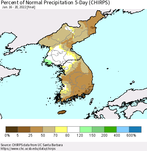 Korea Percent of Normal Precipitation 5-Day (CHIRPS) Thematic Map For 1/16/2022 - 1/20/2022