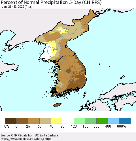 Korea Percent of Normal Precipitation 5-Day (CHIRPS) Thematic Map For 1/26/2022 - 1/31/2022
