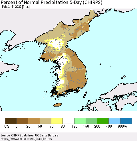 Korea Percent of Normal Precipitation 5-Day (CHIRPS) Thematic Map For 2/1/2022 - 2/5/2022