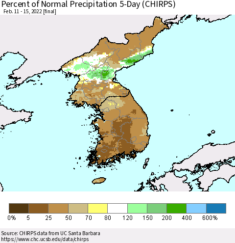Korea Percent of Normal Precipitation 5-Day (CHIRPS) Thematic Map For 2/11/2022 - 2/15/2022