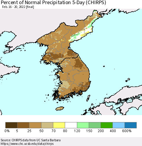 Korea Percent of Normal Precipitation 5-Day (CHIRPS) Thematic Map For 2/16/2022 - 2/20/2022