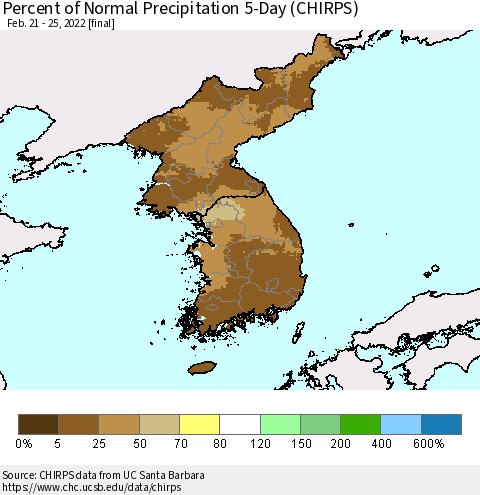 Korea Percent of Normal Precipitation 5-Day (CHIRPS) Thematic Map For 2/21/2022 - 2/25/2022