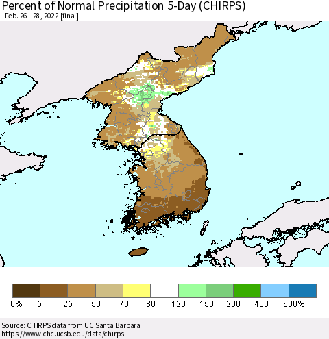 Korea Percent of Normal Precipitation 5-Day (CHIRPS) Thematic Map For 2/26/2022 - 2/28/2022