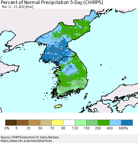 Korea Percent of Normal Precipitation 5-Day (CHIRPS) Thematic Map For 3/11/2022 - 3/15/2022