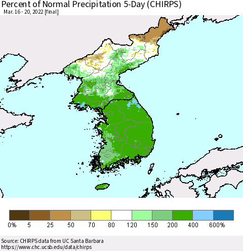 Korea Percent of Normal Precipitation 5-Day (CHIRPS) Thematic Map For 3/16/2022 - 3/20/2022