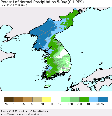 Korea Percent of Normal Precipitation 5-Day (CHIRPS) Thematic Map For 3/21/2022 - 3/25/2022